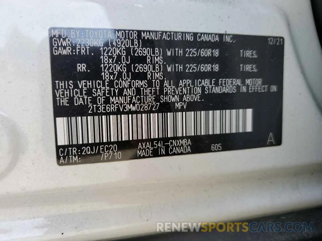 13 Photograph of a damaged car 2T3E6RFV3MW028727 TOYOTA RAV4 2021