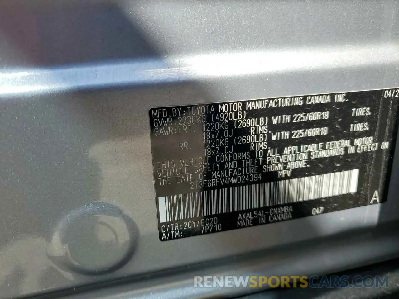 16 Photograph of a damaged car 2T3E6RFV4MW024394 TOYOTA RAV4 2021