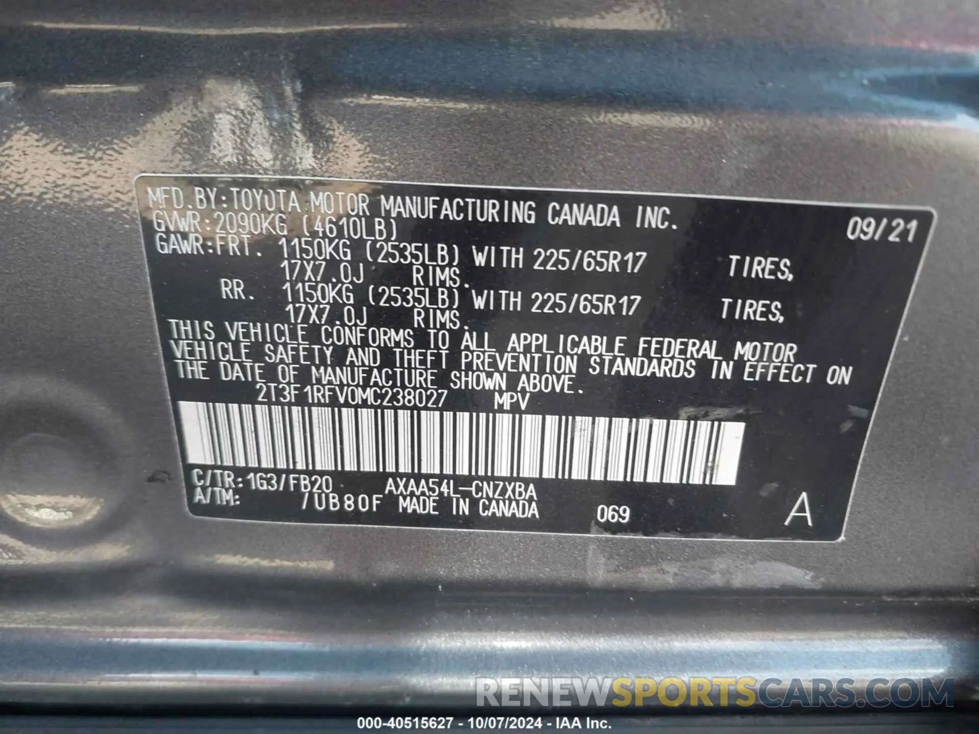 9 Photograph of a damaged car 2T3F1RFV0MC238027 TOYOTA RAV4 2021