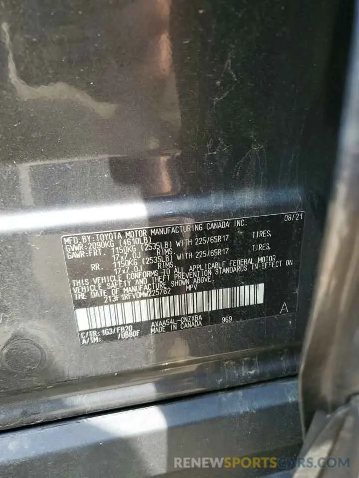 13 Photograph of a damaged car 2T3F1RFV0MW225762 TOYOTA RAV4 2021