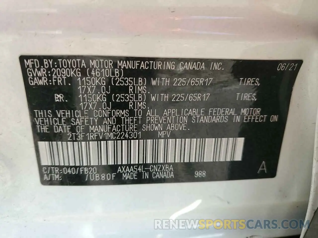 13 Photograph of a damaged car 2T3F1RFV1MC224301 TOYOTA RAV4 2021