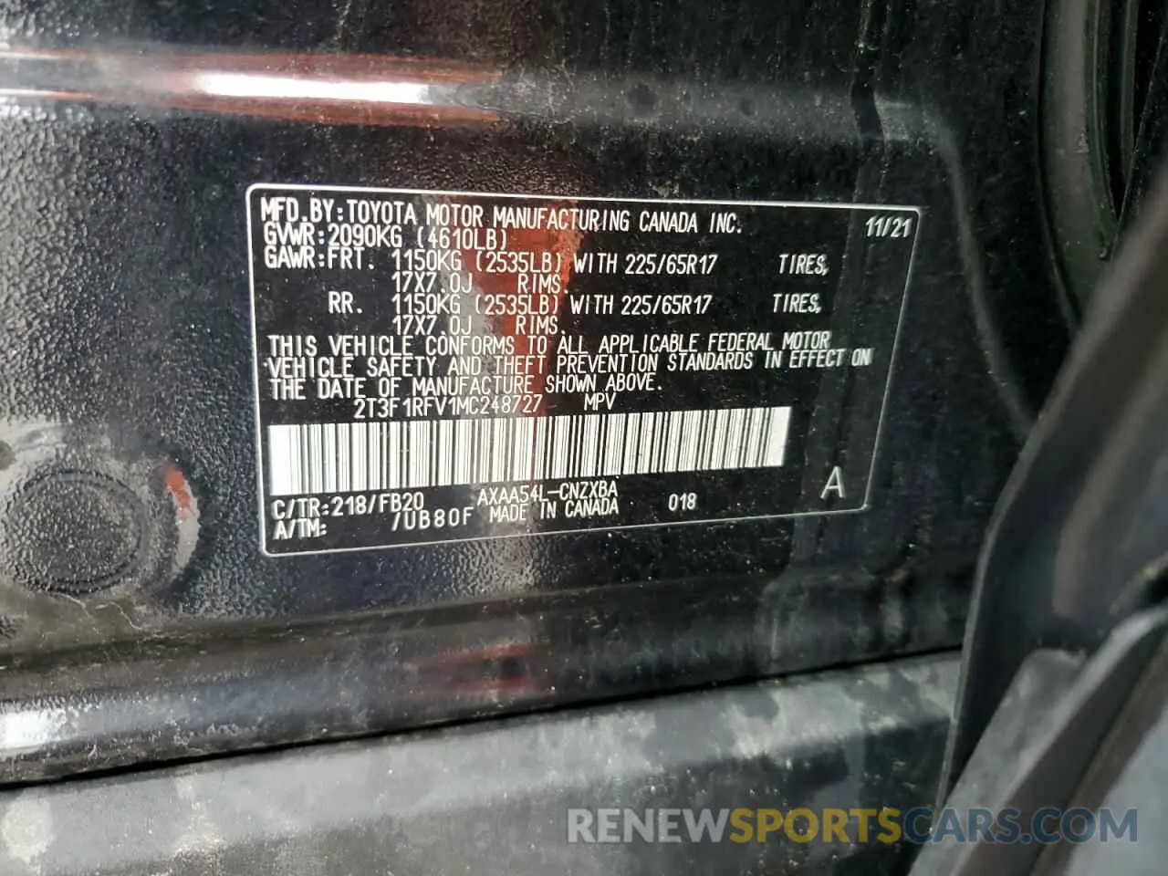 12 Photograph of a damaged car 2T3F1RFV1MC248727 TOYOTA RAV4 2021