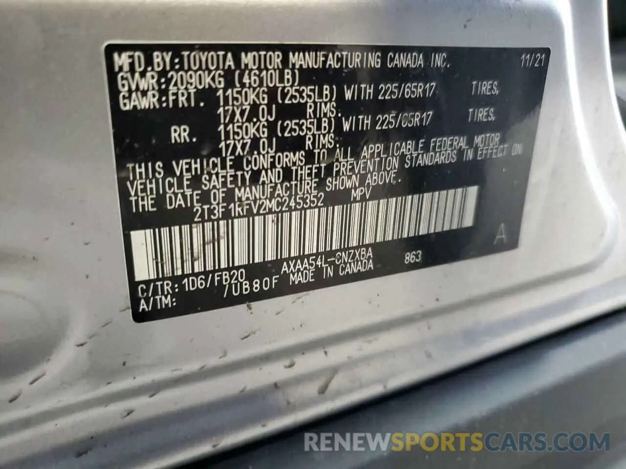 14 Photograph of a damaged car 2T3F1RFV2MC245352 TOYOTA RAV4 2021