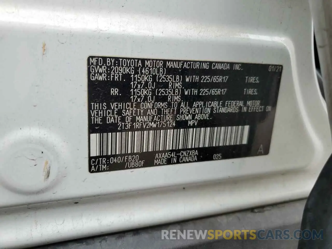 13 Photograph of a damaged car 2T3F1RFV2MW175124 TOYOTA RAV4 2021