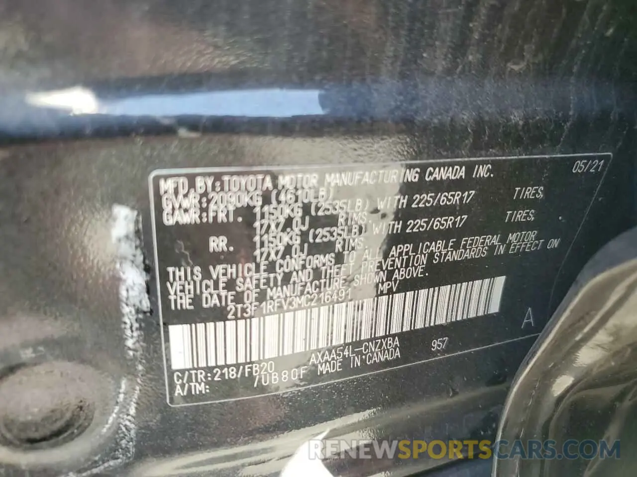 13 Photograph of a damaged car 2T3F1RFV3MC216491 TOYOTA RAV4 2021