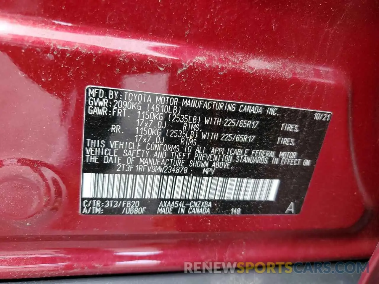13 Photograph of a damaged car 2T3F1RFV9MW234878 TOYOTA RAV4 2021