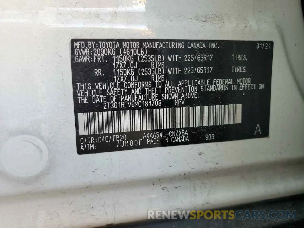 13 Photograph of a damaged car 2T3G1RFV6MC181708 TOYOTA RAV4 2021
