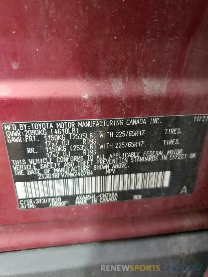 13 Photograph of a damaged car 2T3G1RFV7MW240764 TOYOTA RAV4 2021