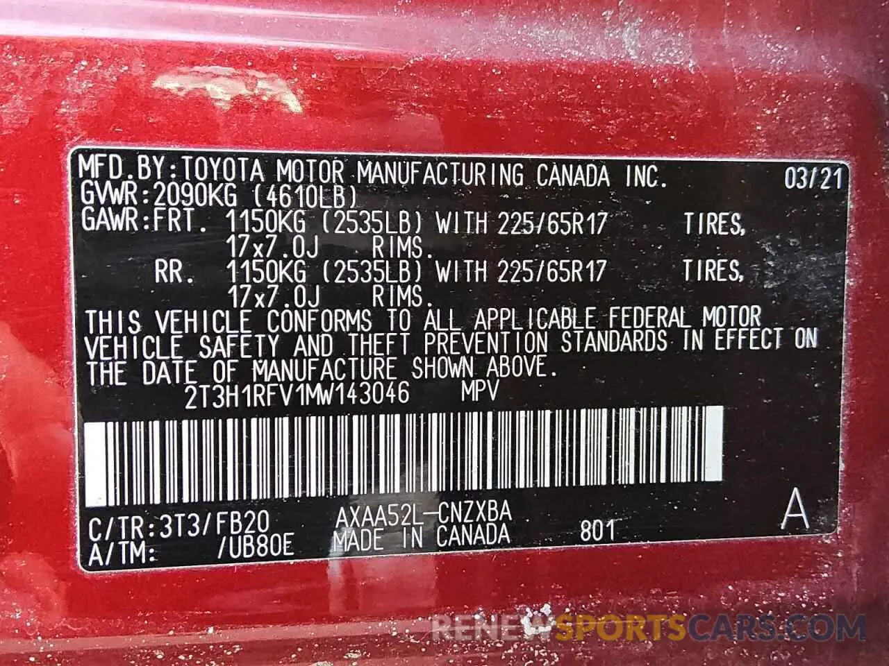 14 Photograph of a damaged car 2T3H1RFV1MW143046 TOYOTA RAV4 2021