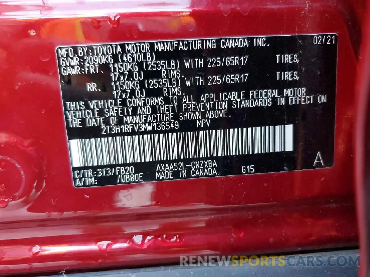 13 Photograph of a damaged car 2T3H1RFV3MW136549 TOYOTA RAV4 2021
