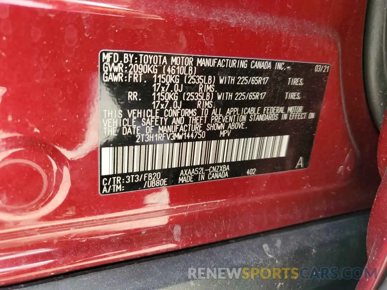 13 Photograph of a damaged car 2T3H1RFV3MW144750 TOYOTA RAV4 2021