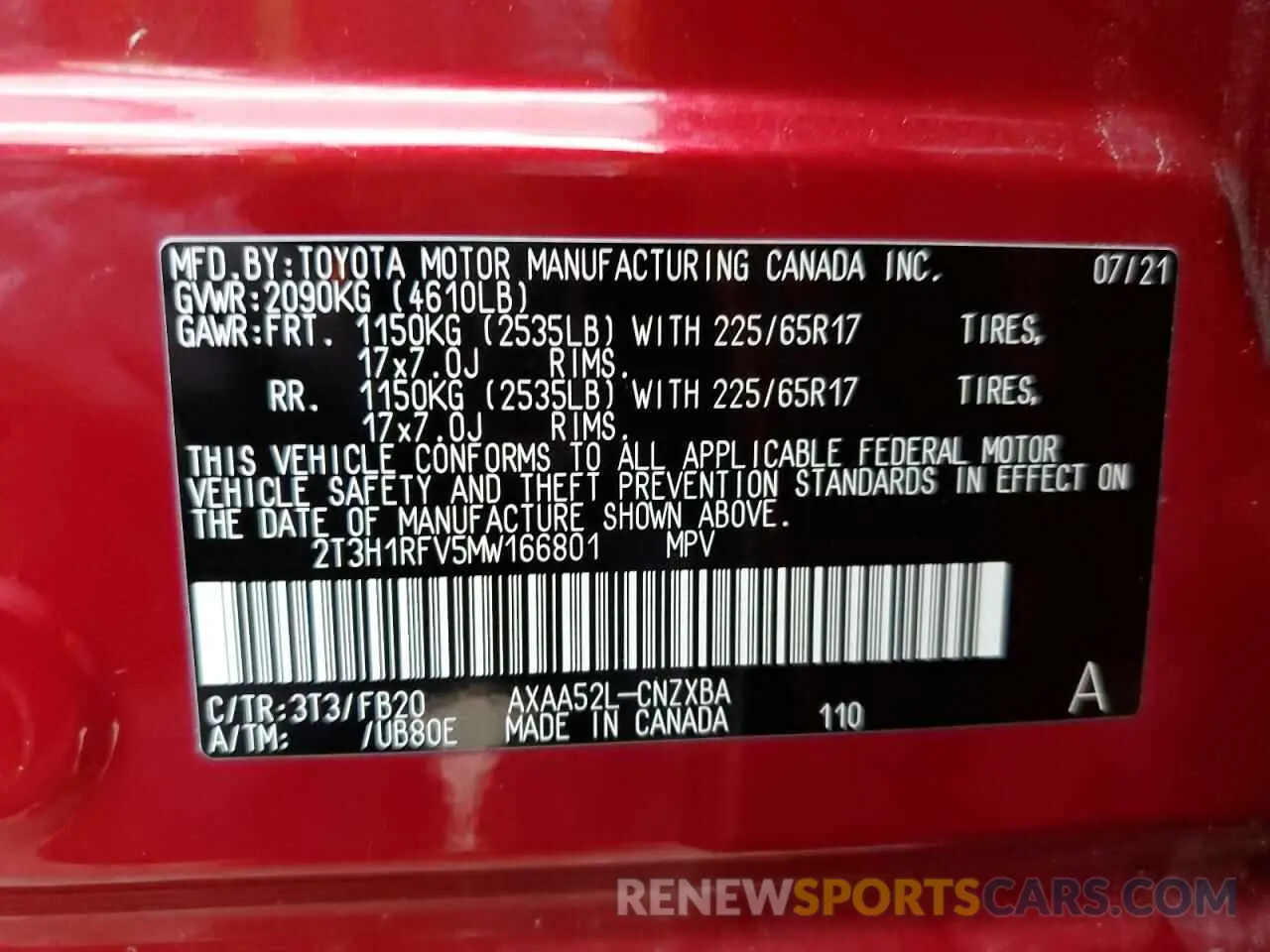 13 Photograph of a damaged car 2T3H1RFV5MW166801 TOYOTA RAV4 2021
