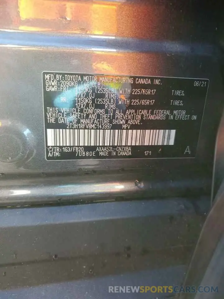 13 Photograph of a damaged car 2T3H1RFV8MC143997 TOYOTA RAV4 2021