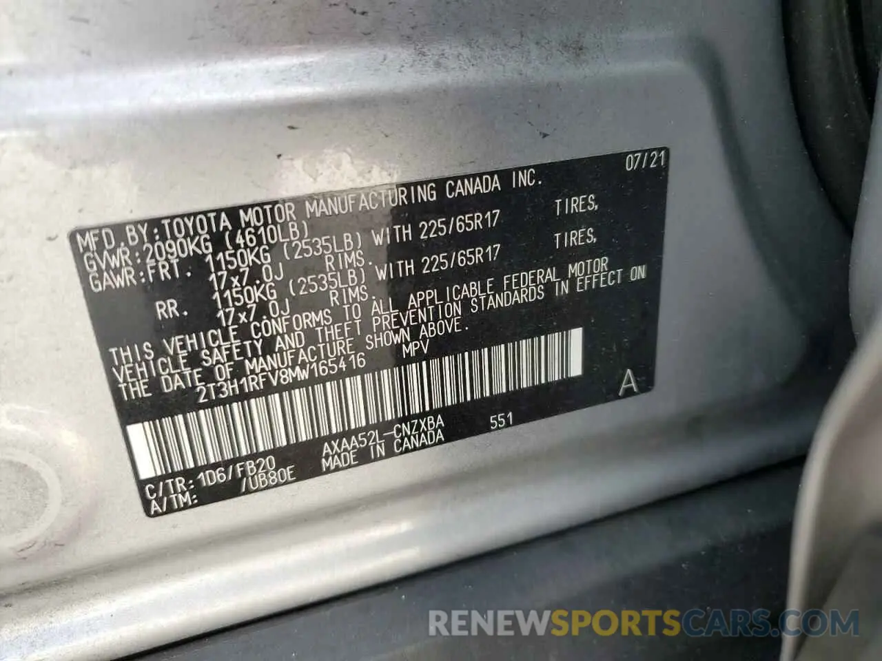 13 Photograph of a damaged car 2T3H1RFV8MW165416 TOYOTA RAV4 2021