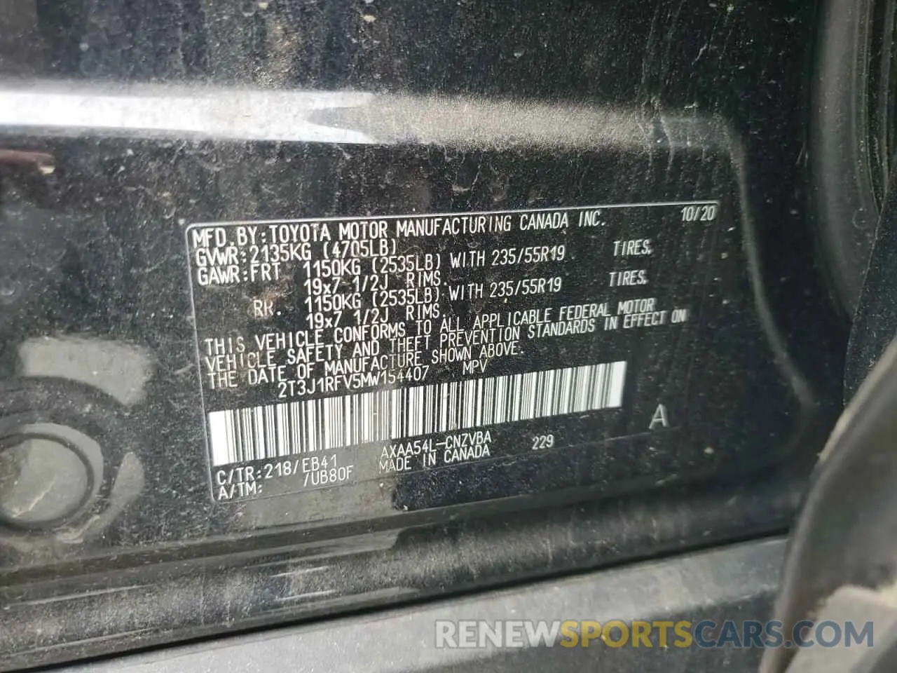 13 Photograph of a damaged car 2T3J1RFV5MW154407 TOYOTA RAV4 2021