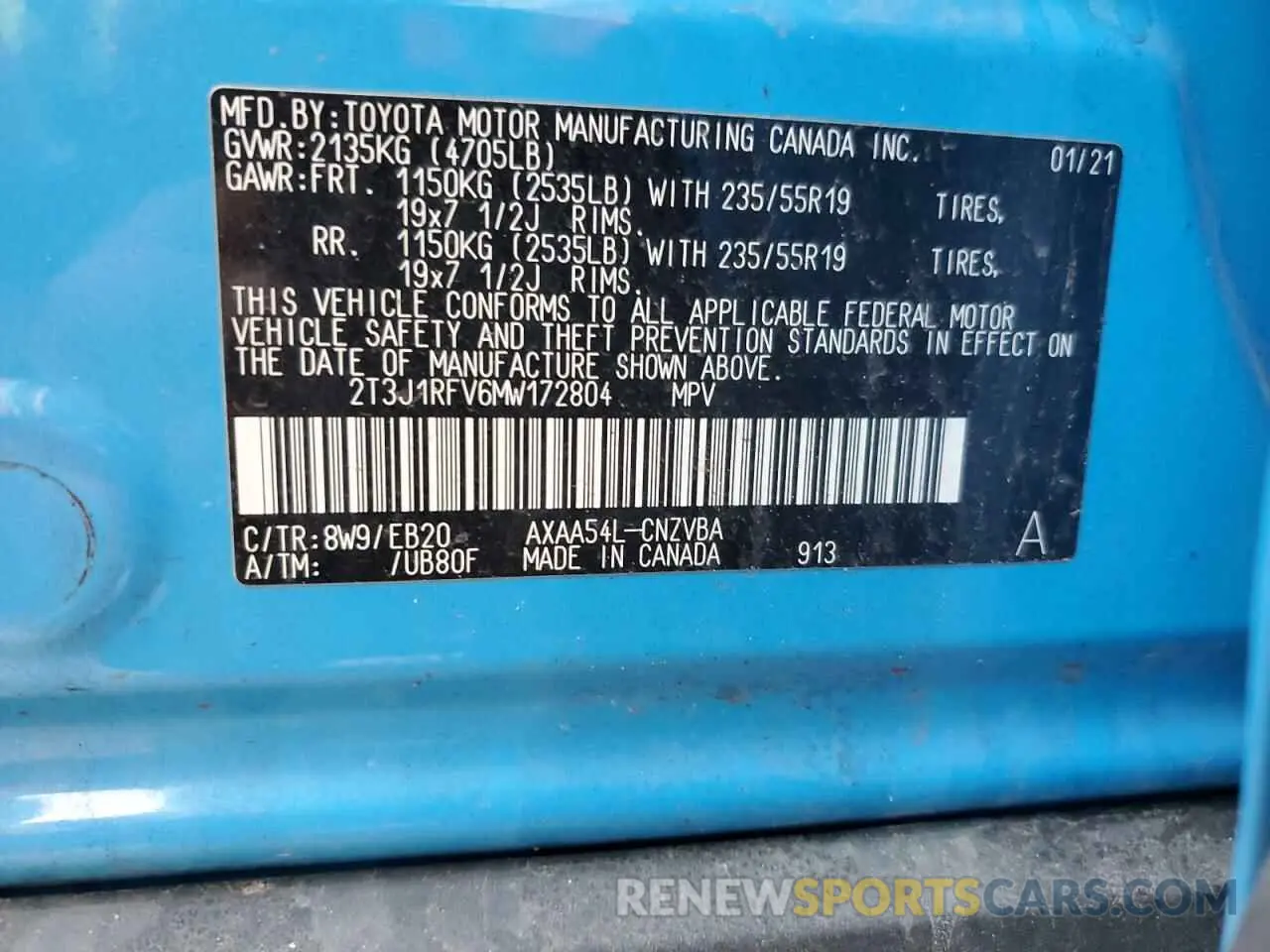13 Photograph of a damaged car 2T3J1RFV6MW172804 TOYOTA RAV4 2021