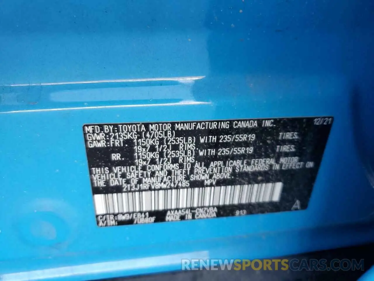 12 Photograph of a damaged car 2T3J1RFV8MW247485 TOYOTA RAV4 2021