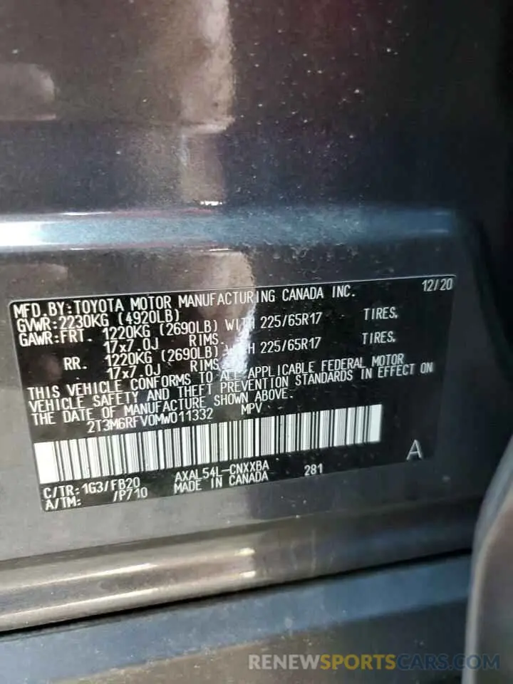 10 Photograph of a damaged car 2T3M6RFV0MW011332 TOYOTA RAV4 2021