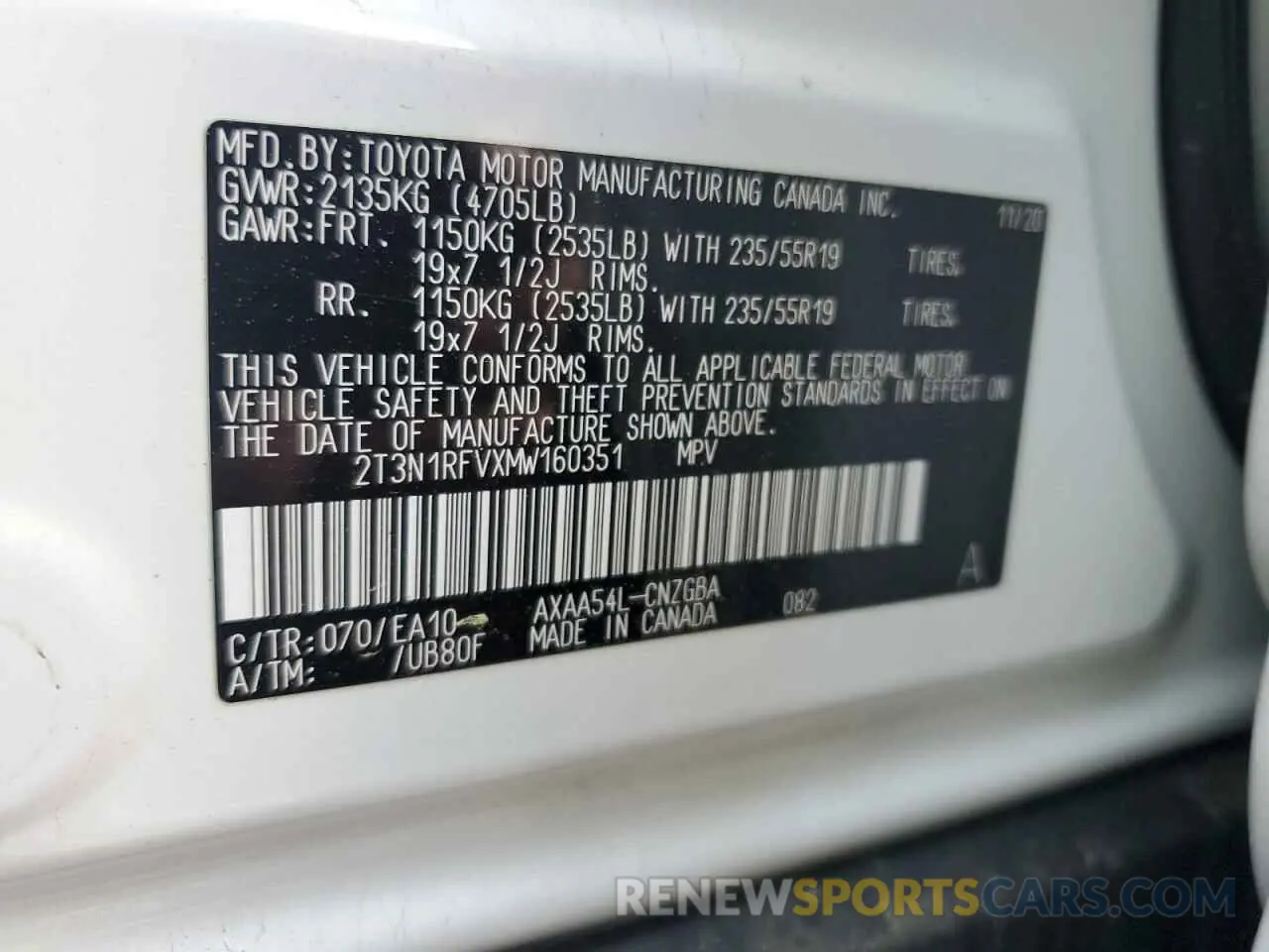 12 Photograph of a damaged car 2T3N1RFVXMW160351 TOYOTA RAV4 2021
