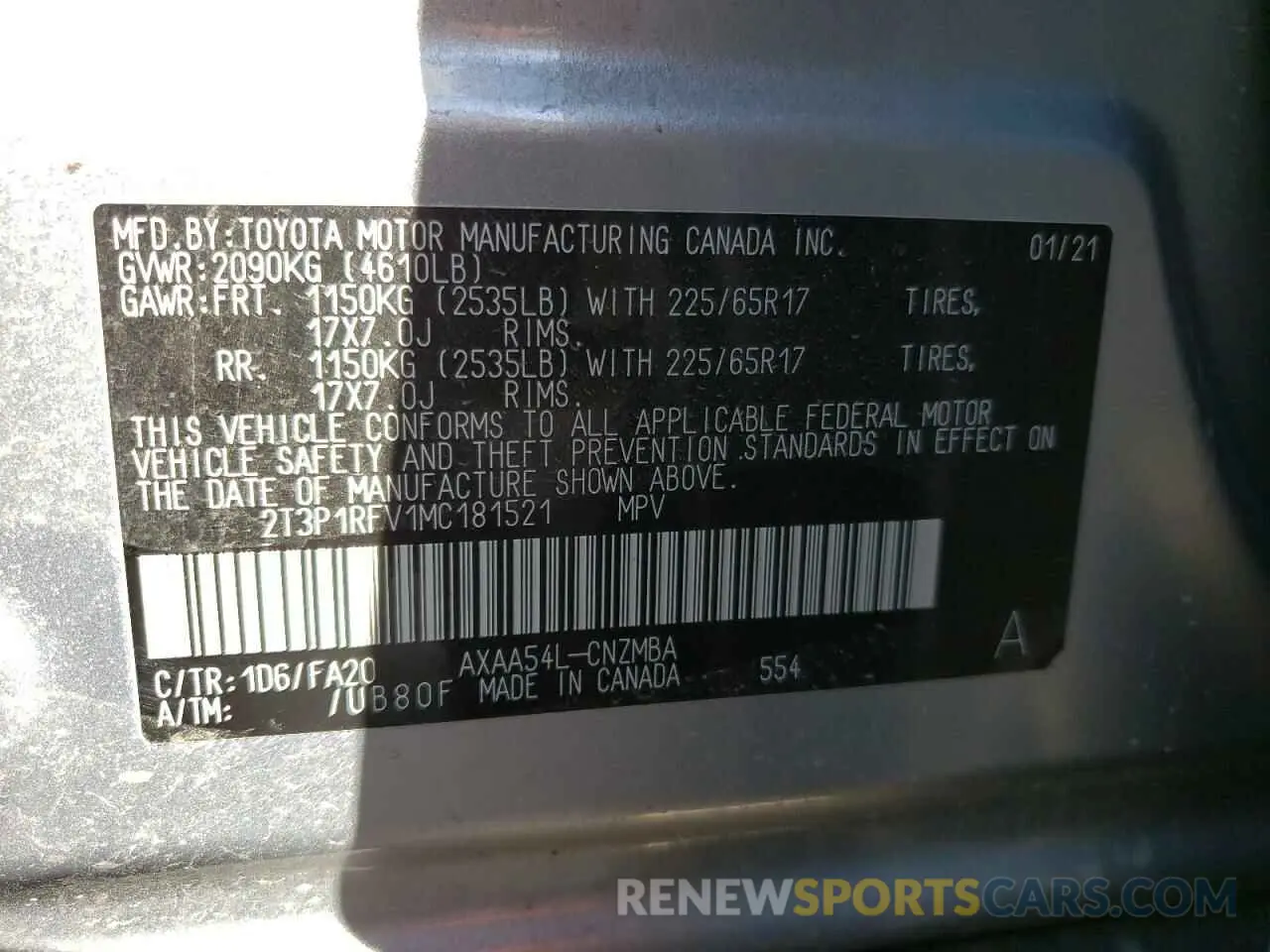 10 Photograph of a damaged car 2T3P1RFV1MC181521 TOYOTA RAV4 2021