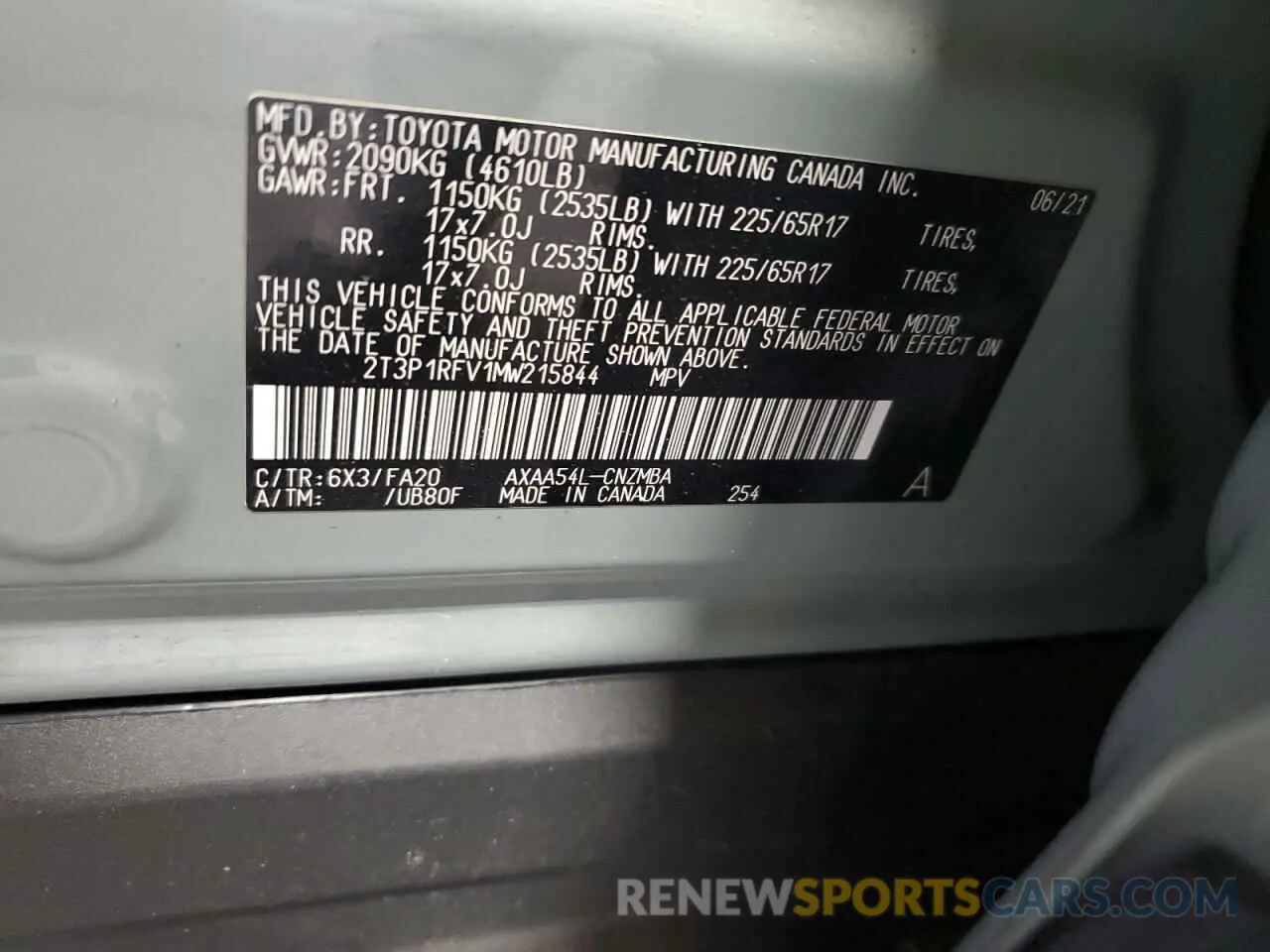 13 Photograph of a damaged car 2T3P1RFV1MW215844 TOYOTA RAV4 2021
