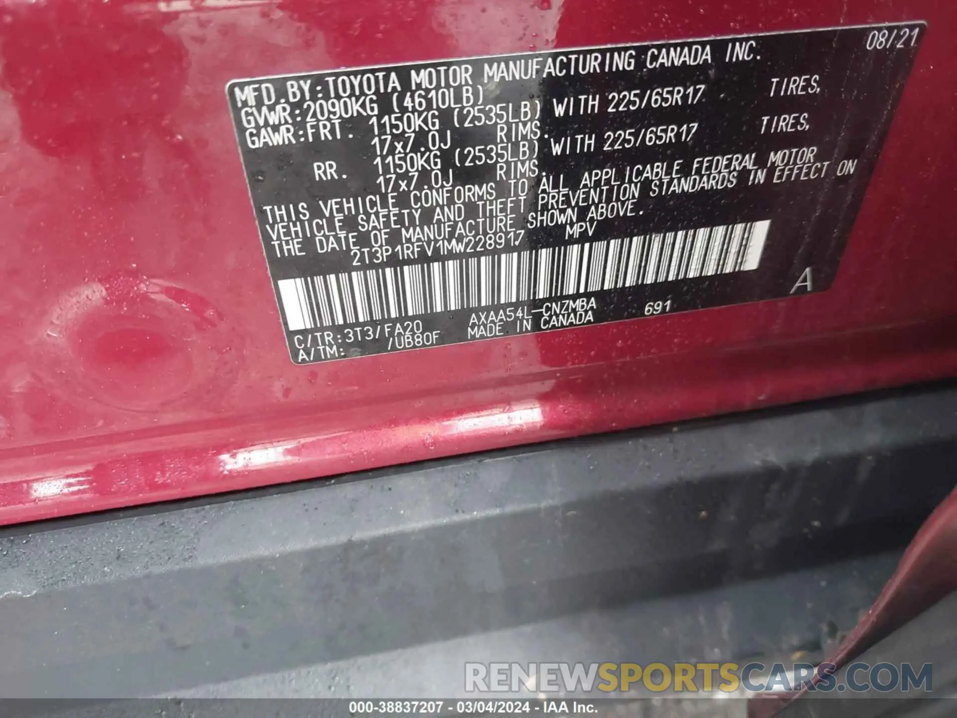 9 Photograph of a damaged car 2T3P1RFV1MW228917 TOYOTA RAV4 2021