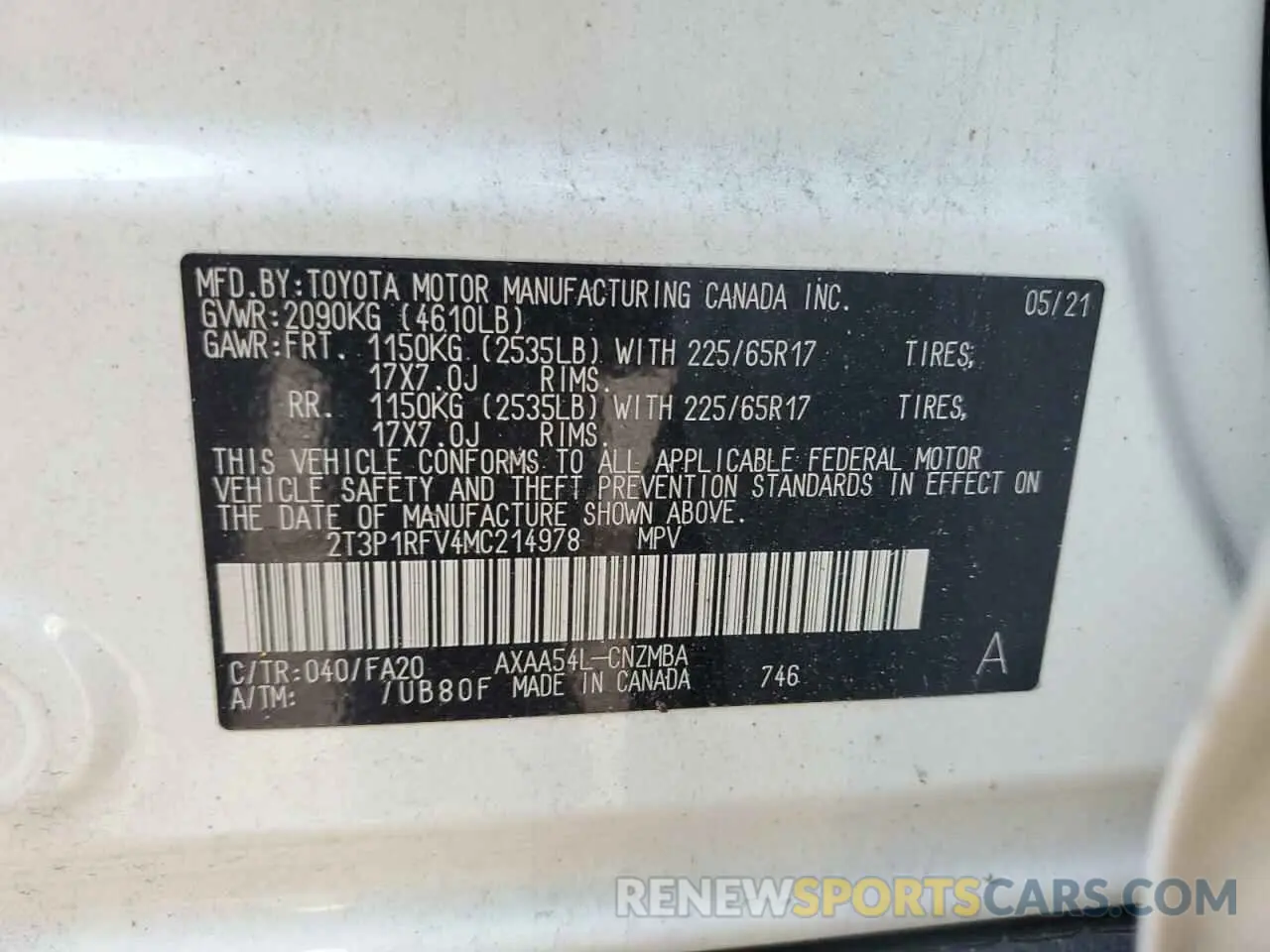 13 Photograph of a damaged car 2T3P1RFV4MC214978 TOYOTA RAV4 2021
