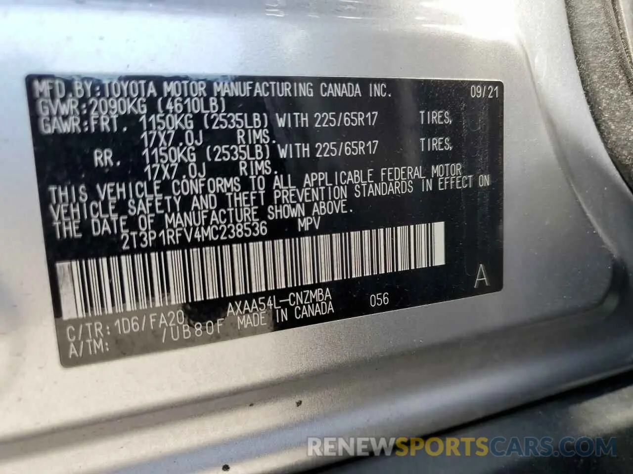 13 Photograph of a damaged car 2T3P1RFV4MC238536 TOYOTA RAV4 2021