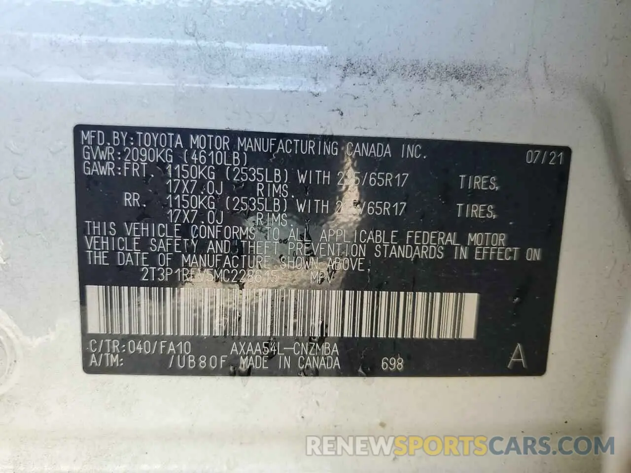 13 Photograph of a damaged car 2T3P1RFV5MC228615 TOYOTA RAV4 2021
