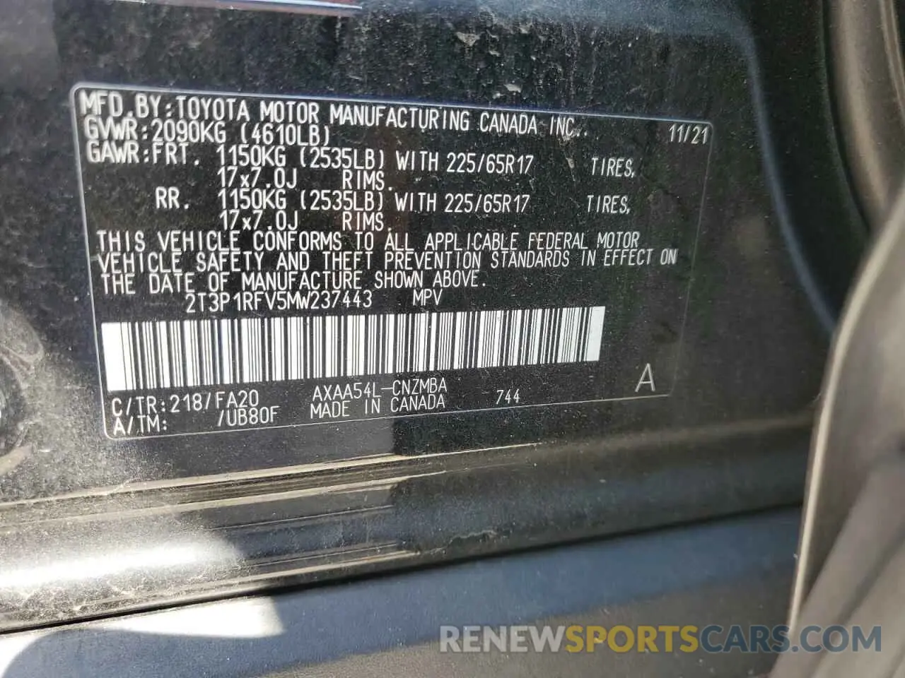 14 Photograph of a damaged car 2T3P1RFV5MW237443 TOYOTA RAV4 2021