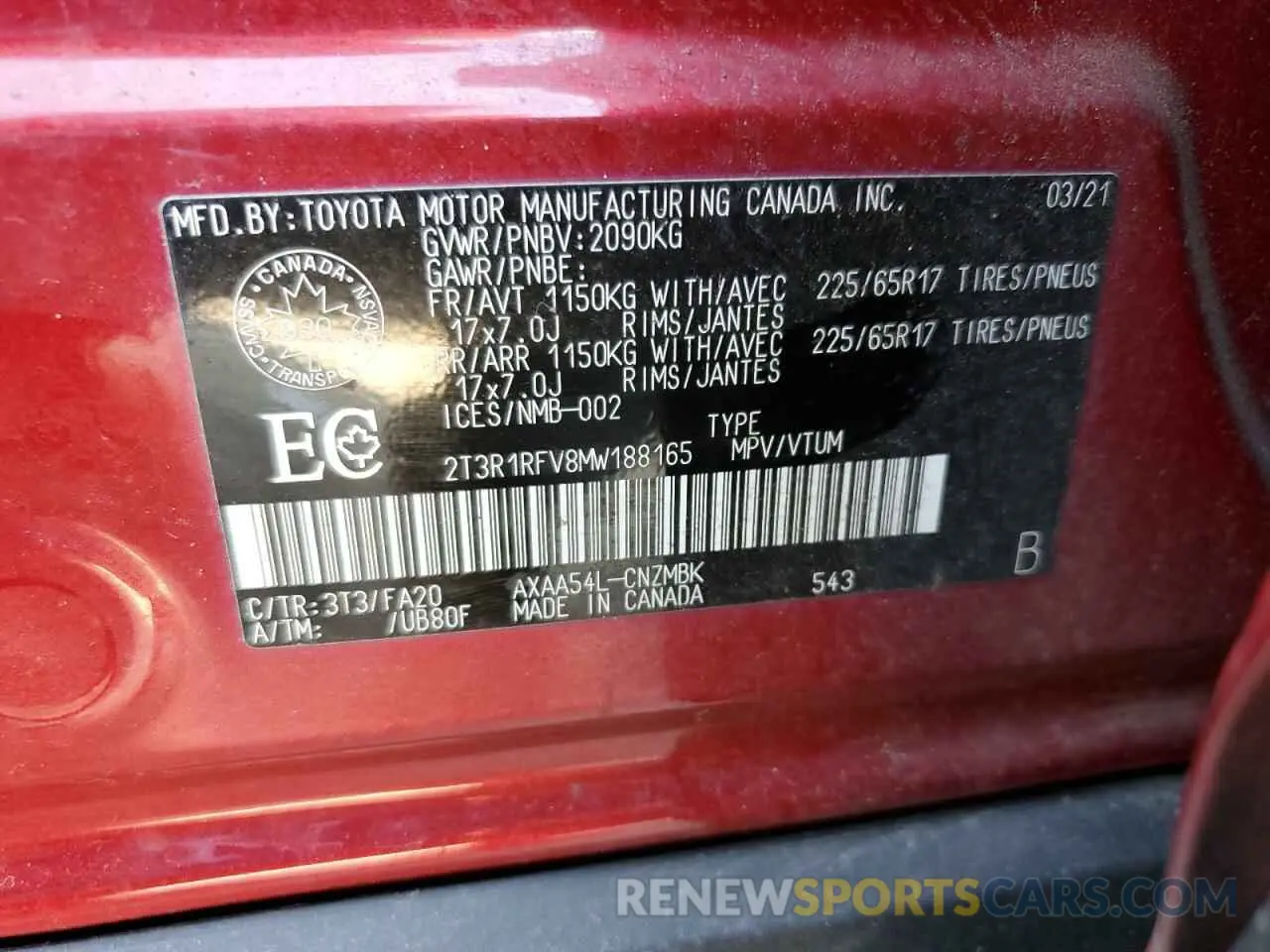 13 Photograph of a damaged car 2T3R1RFV8MW188165 TOYOTA RAV4 2021
