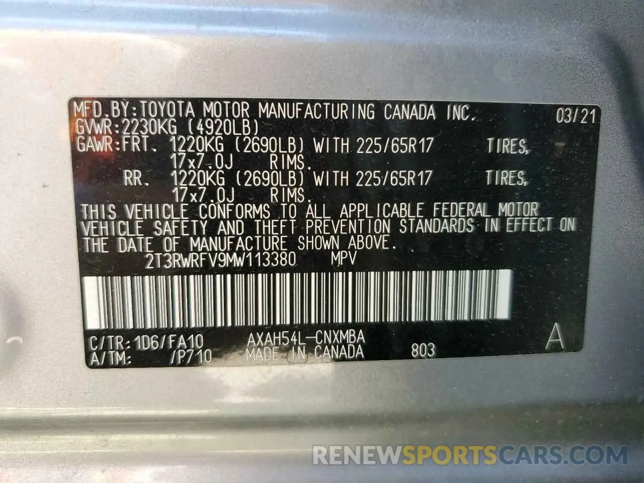 13 Photograph of a damaged car 2T3RWRFV9MW113380 TOYOTA RAV4 2021