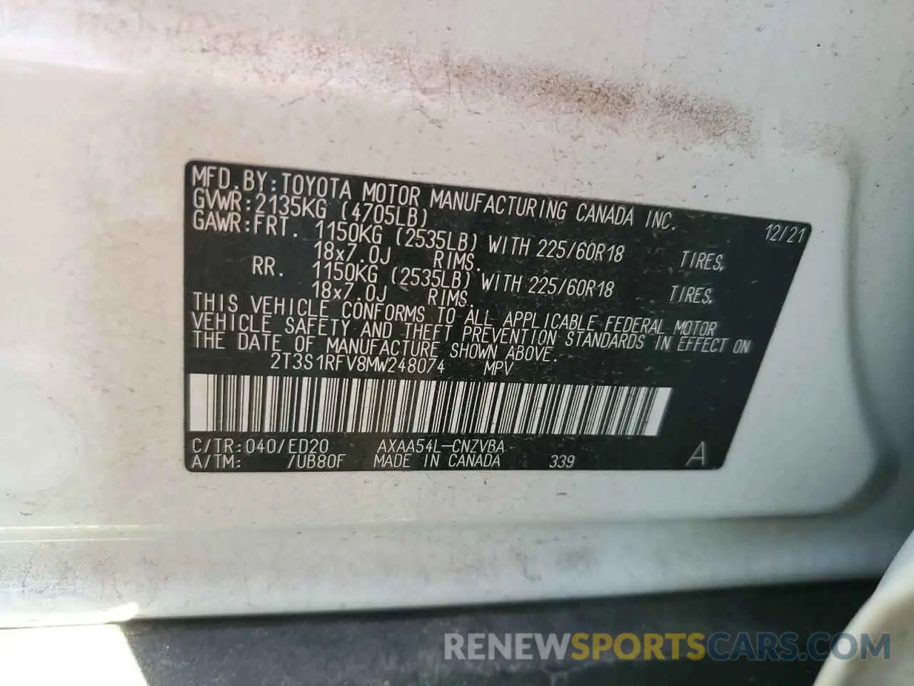 13 Photograph of a damaged car 2T3S1RFV8MW248074 TOYOTA RAV4 2021