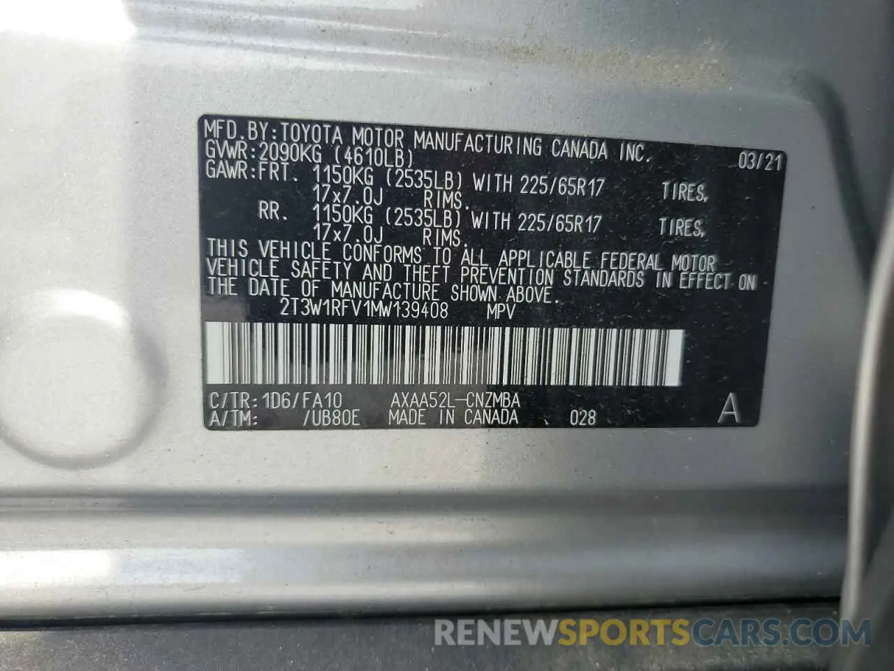 13 Photograph of a damaged car 2T3W1RFV1MW139408 TOYOTA RAV4 2021