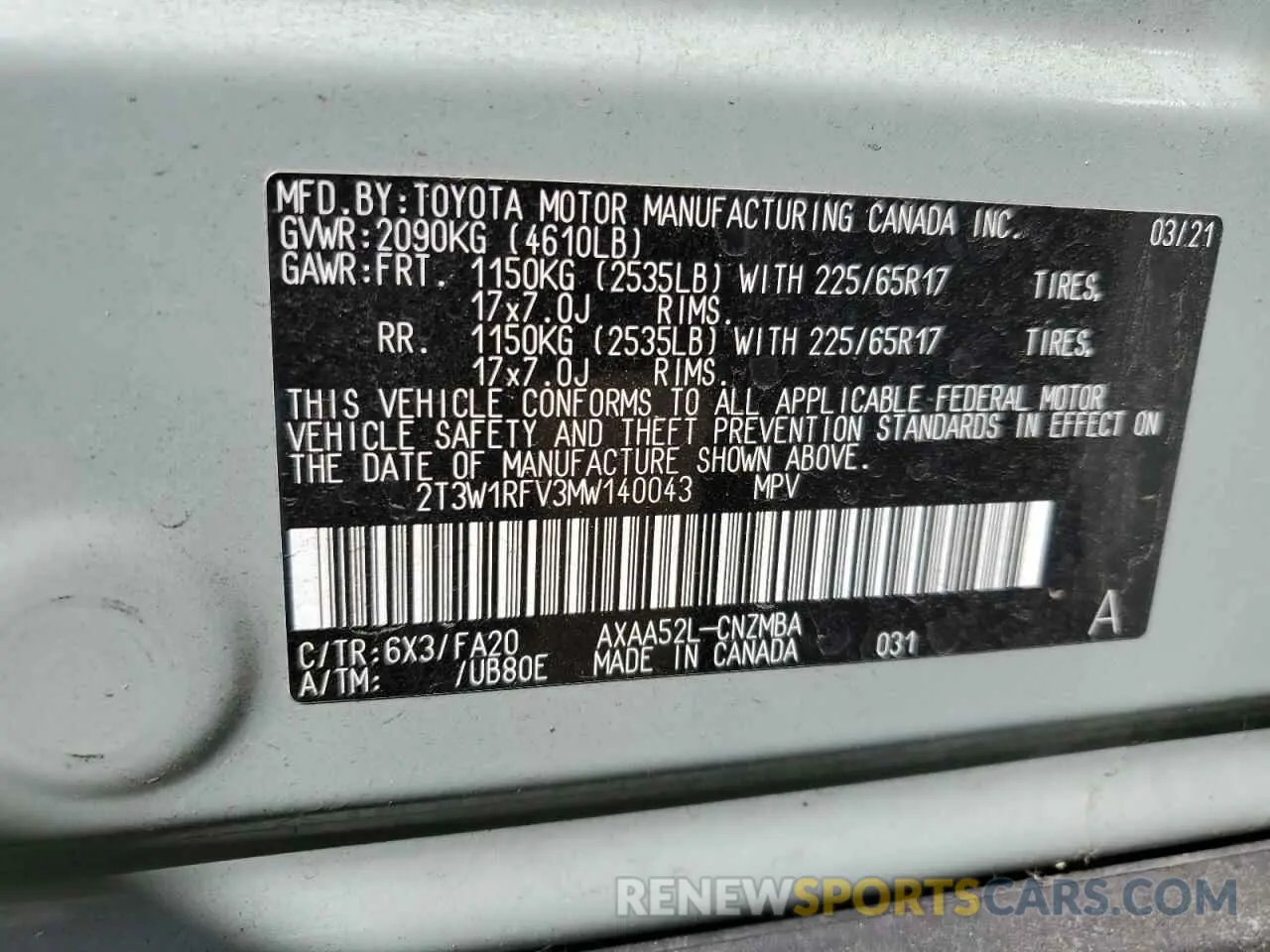 14 Photograph of a damaged car 2T3W1RFV3MW140043 TOYOTA RAV4 2021