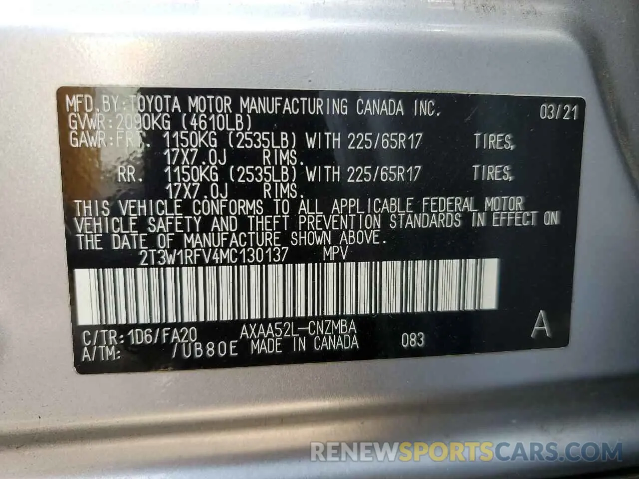 13 Photograph of a damaged car 2T3W1RFV4MC130137 TOYOTA RAV4 2021