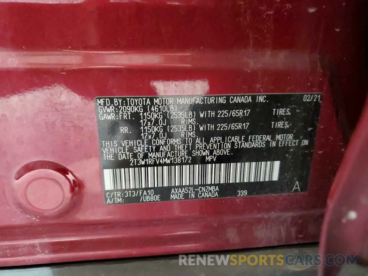 13 Photograph of a damaged car 2T3W1RFV4MW138172 TOYOTA RAV4 2021