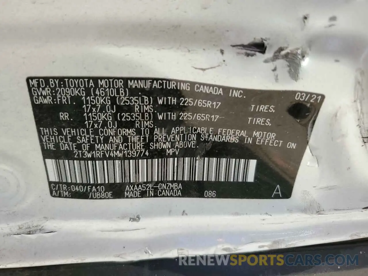 13 Photograph of a damaged car 2T3W1RFV4MW139774 TOYOTA RAV4 2021