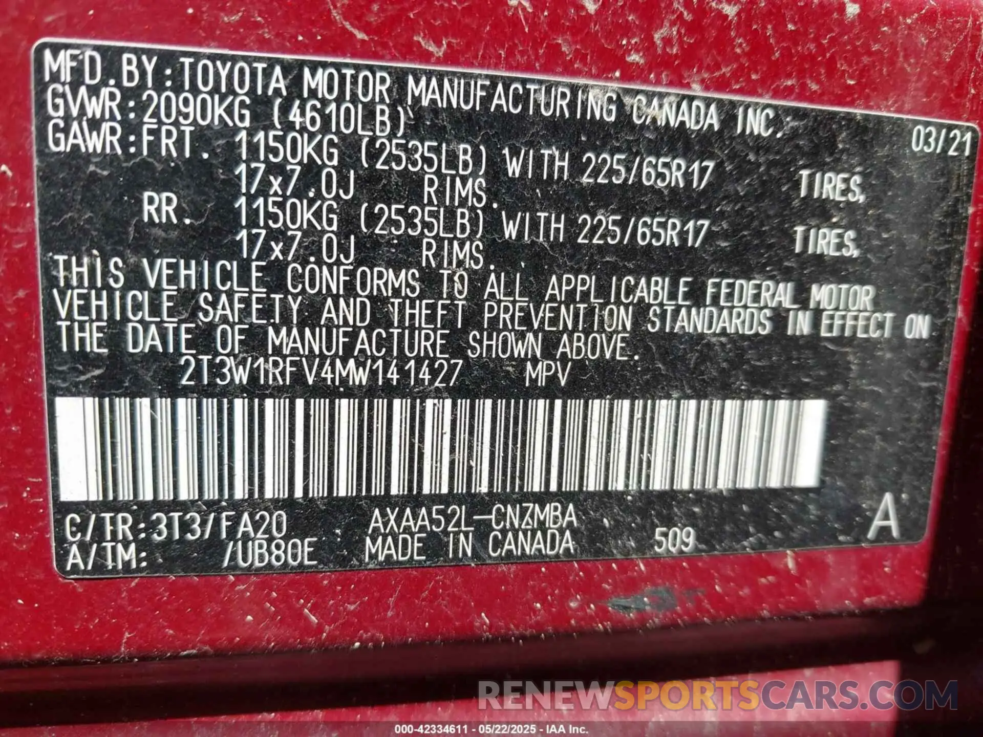 9 Photograph of a damaged car 2T3W1RFV4MW141427 TOYOTA RAV4 2021