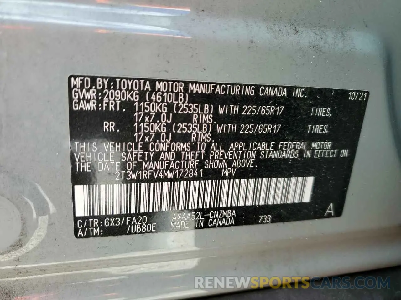 13 Photograph of a damaged car 2T3W1RFV4MW172841 TOYOTA RAV4 2021