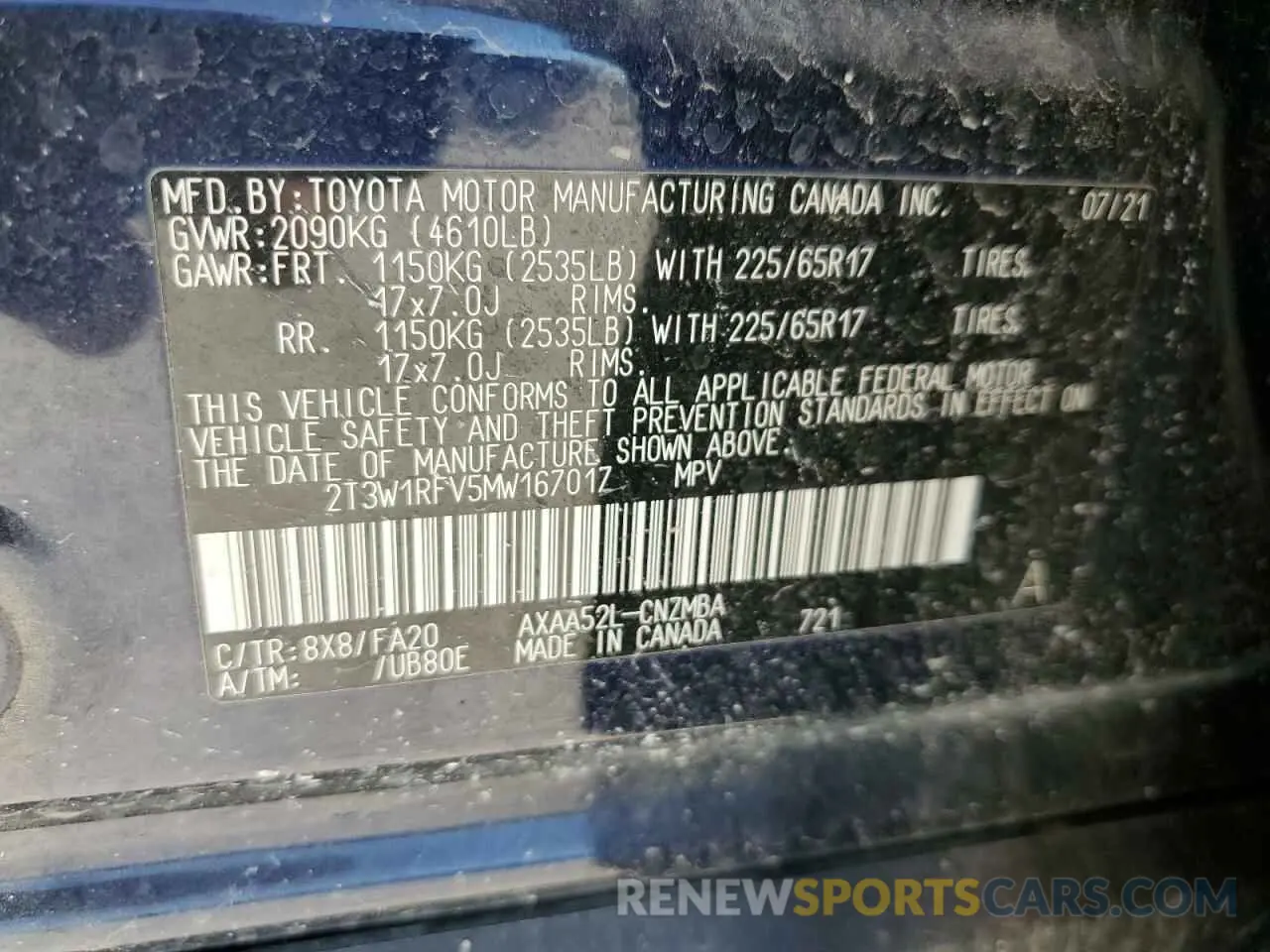 13 Photograph of a damaged car 2T3W1RFV5MW167017 TOYOTA RAV4 2021