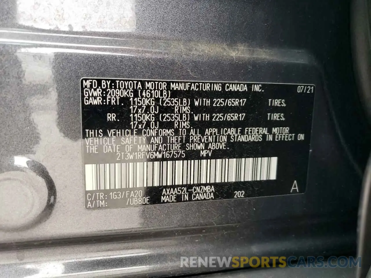 13 Photograph of a damaged car 2T3W1RFV6MW167575 TOYOTA RAV4 2021