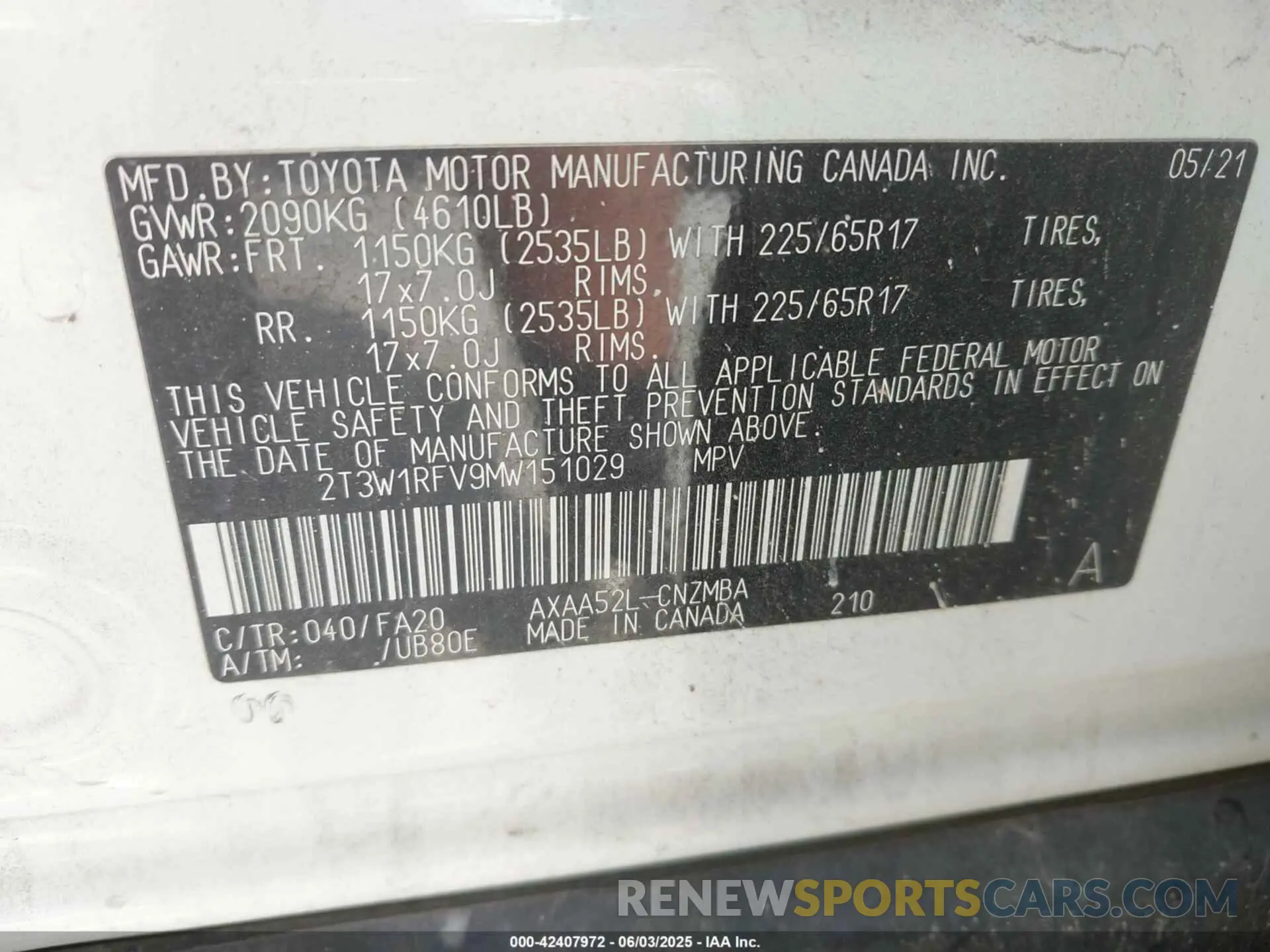 9 Photograph of a damaged car 2T3W1RFV9MW151029 TOYOTA RAV4 2021