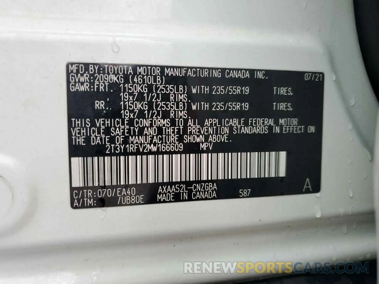 13 Photograph of a damaged car 2T3Y1RFV2MW166609 TOYOTA RAV4 2021