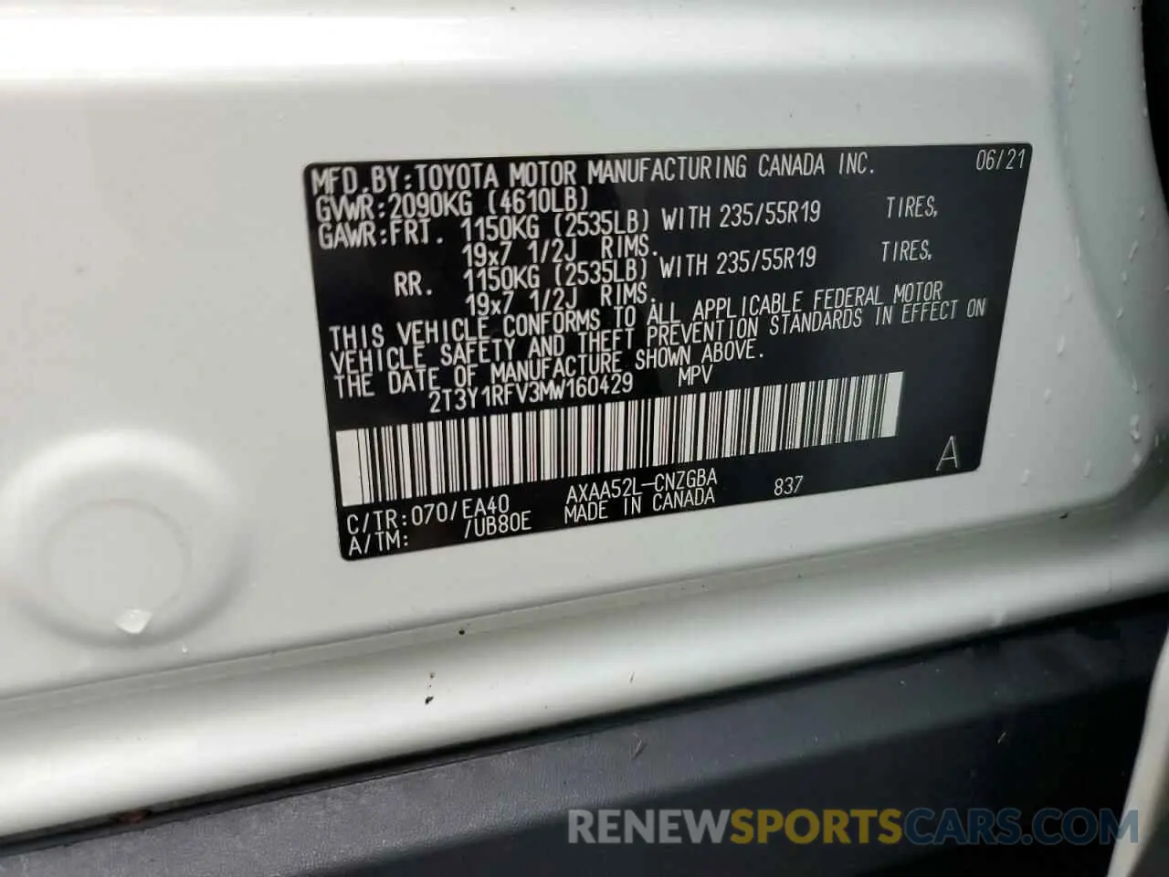 14 Photograph of a damaged car 2T3Y1RFV3MW160429 TOYOTA RAV4 2021