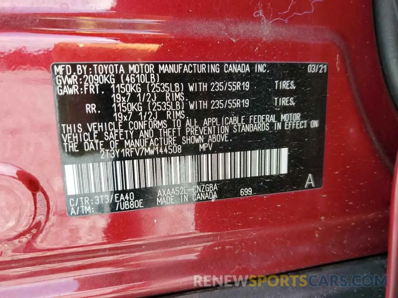 14 Photograph of a damaged car 2T3Y1RFV7MW144508 TOYOTA RAV4 2021