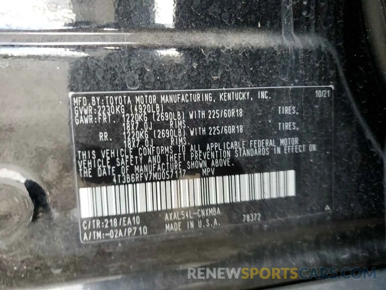 13 Photograph of a damaged car 4T3B6RFV7MU057117 TOYOTA RAV4 2021