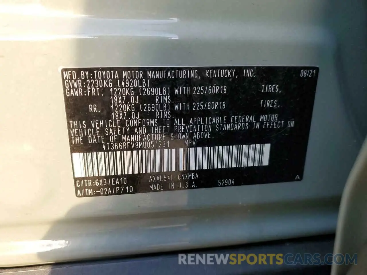 10 Photograph of a damaged car 4T3B6RFV8MU051231 TOYOTA RAV4 2021