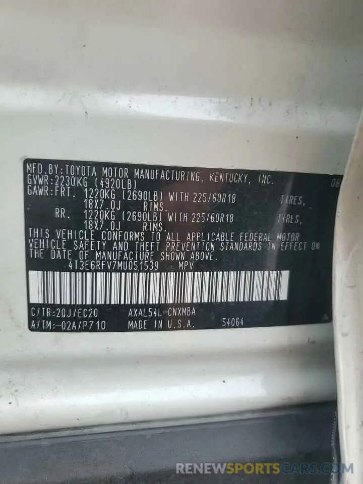 13 Photograph of a damaged car 4T3E6RFV7MU051539 TOYOTA RAV4 2021