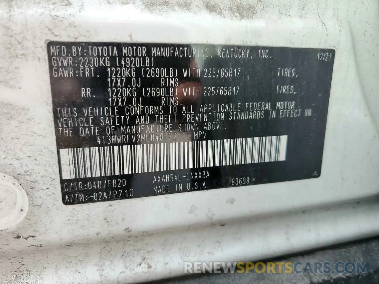14 Photograph of a damaged car 4T3MWRFV2MU048172 TOYOTA RAV4 2021